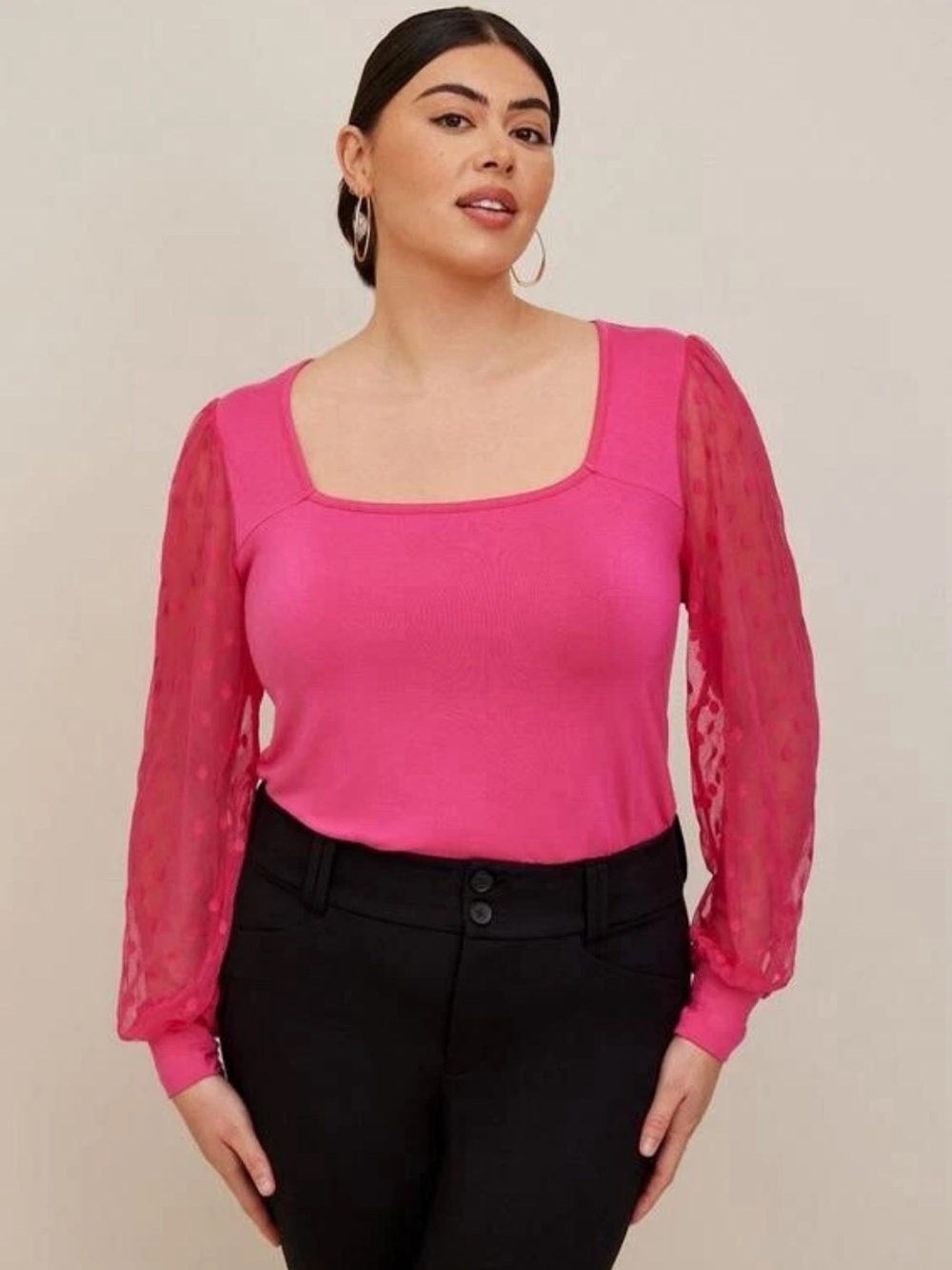 Torrid Hot Pink Super Soft Dot Mesh Sleeve Top size 1X Square Neck Stretch